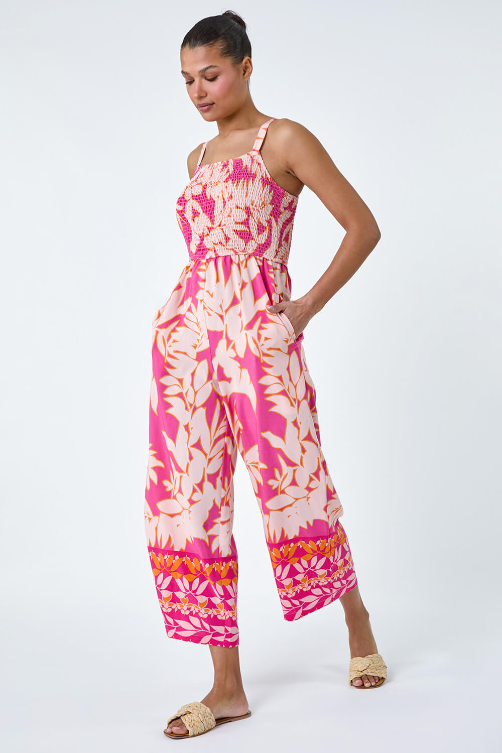Fuchsia Floral Border Print Crop Stretch Jumpsuit, Image 2 of 5