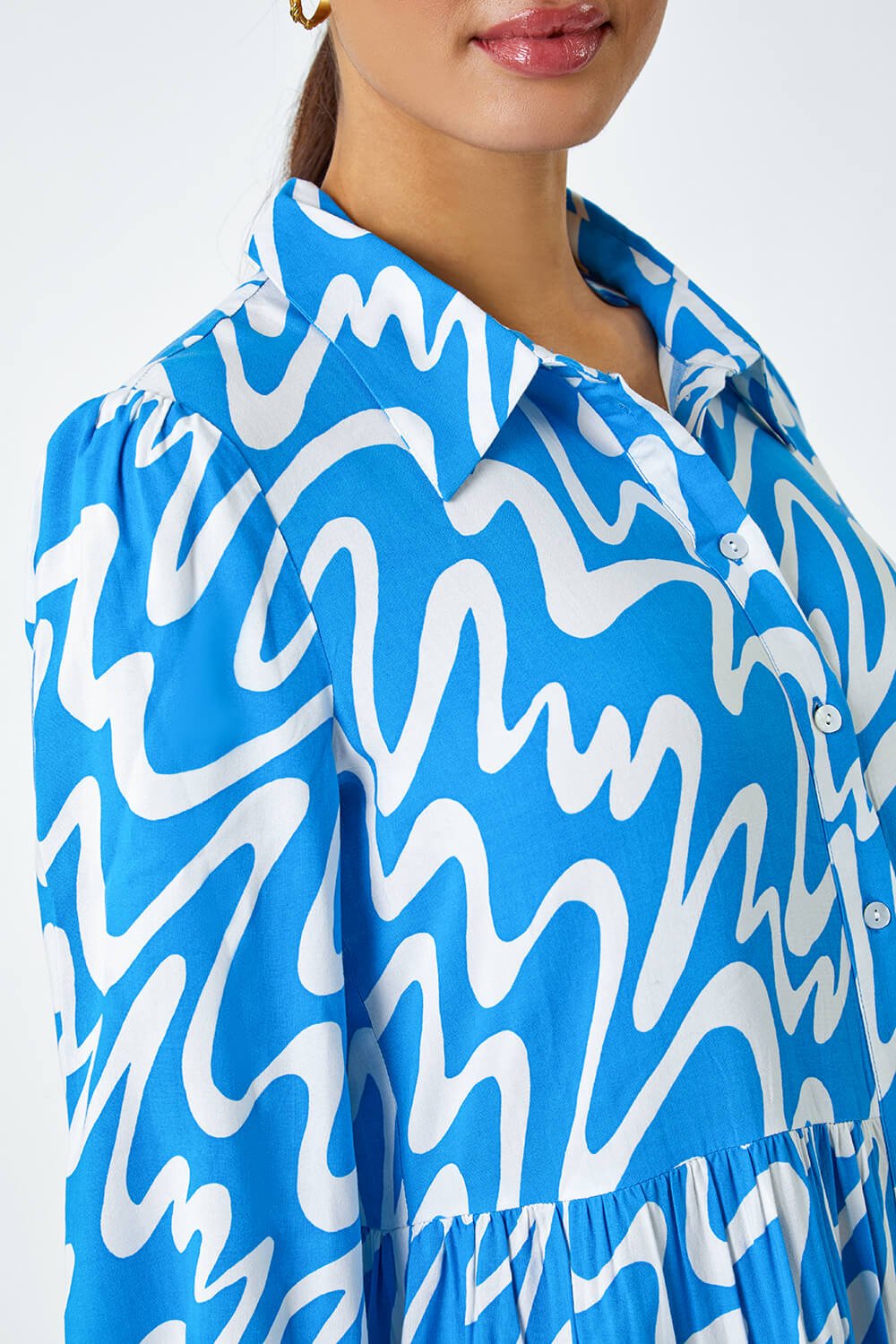 Turquoise Wave Print Tiered Shirt Dress, Image 5 of 5