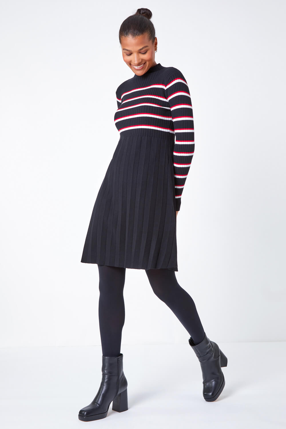Black Stripe Print Pleated Jumper Dress, Image 2 of 5