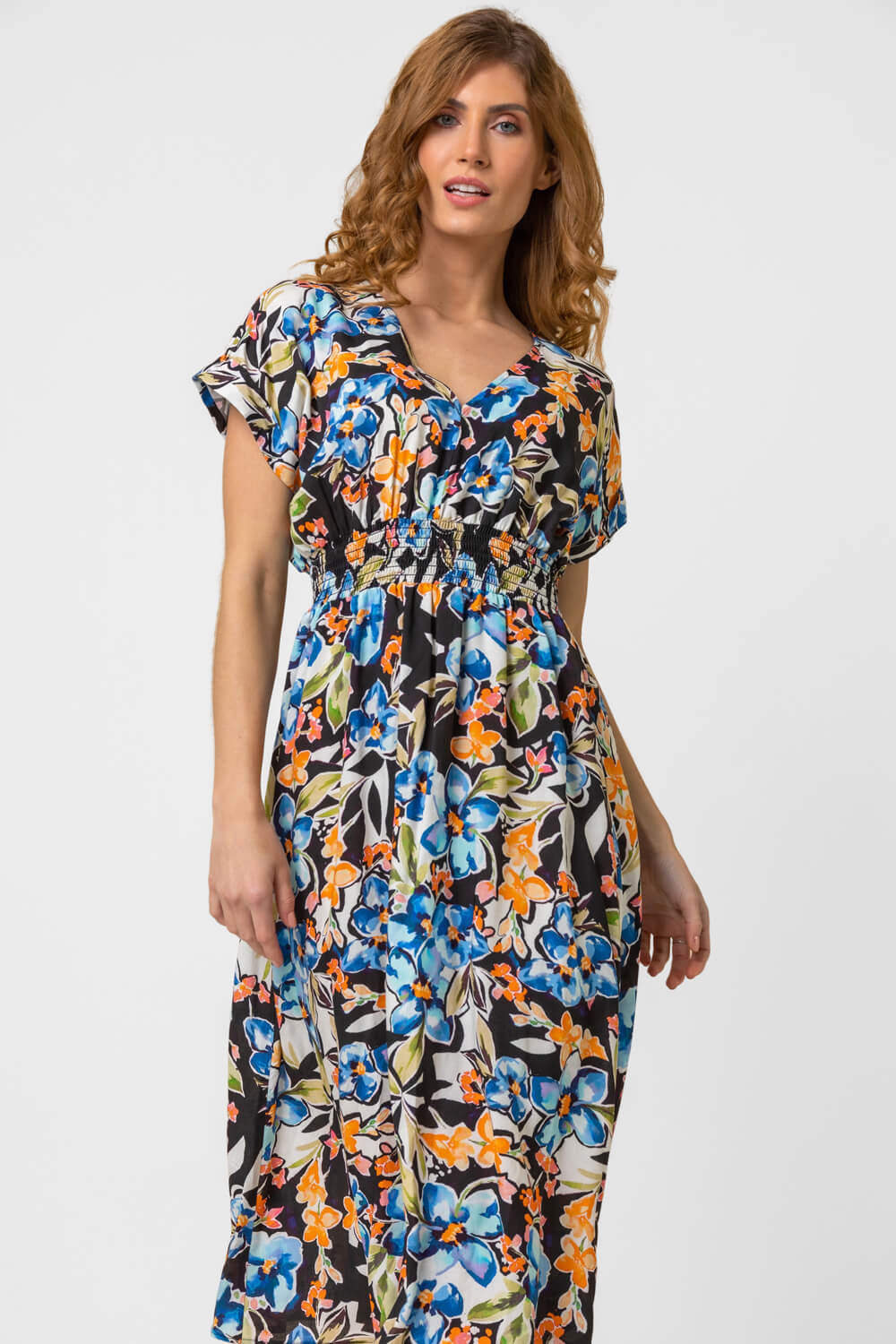 Black Tropical Floral Shirred Waist Midi Dress, Image 4 of 4