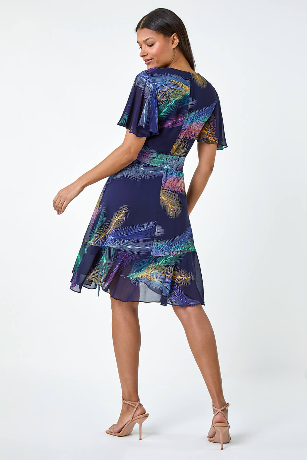 Navy  Feather Print Frill Trim Mini Dress, Image 3 of 5