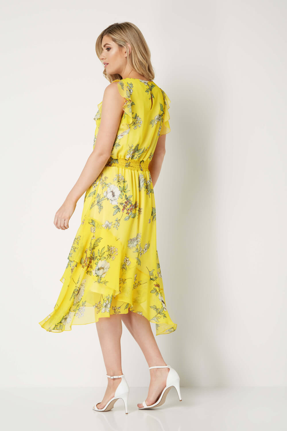 Yellow Floral Frill Midi Dress, Image 4 of 5