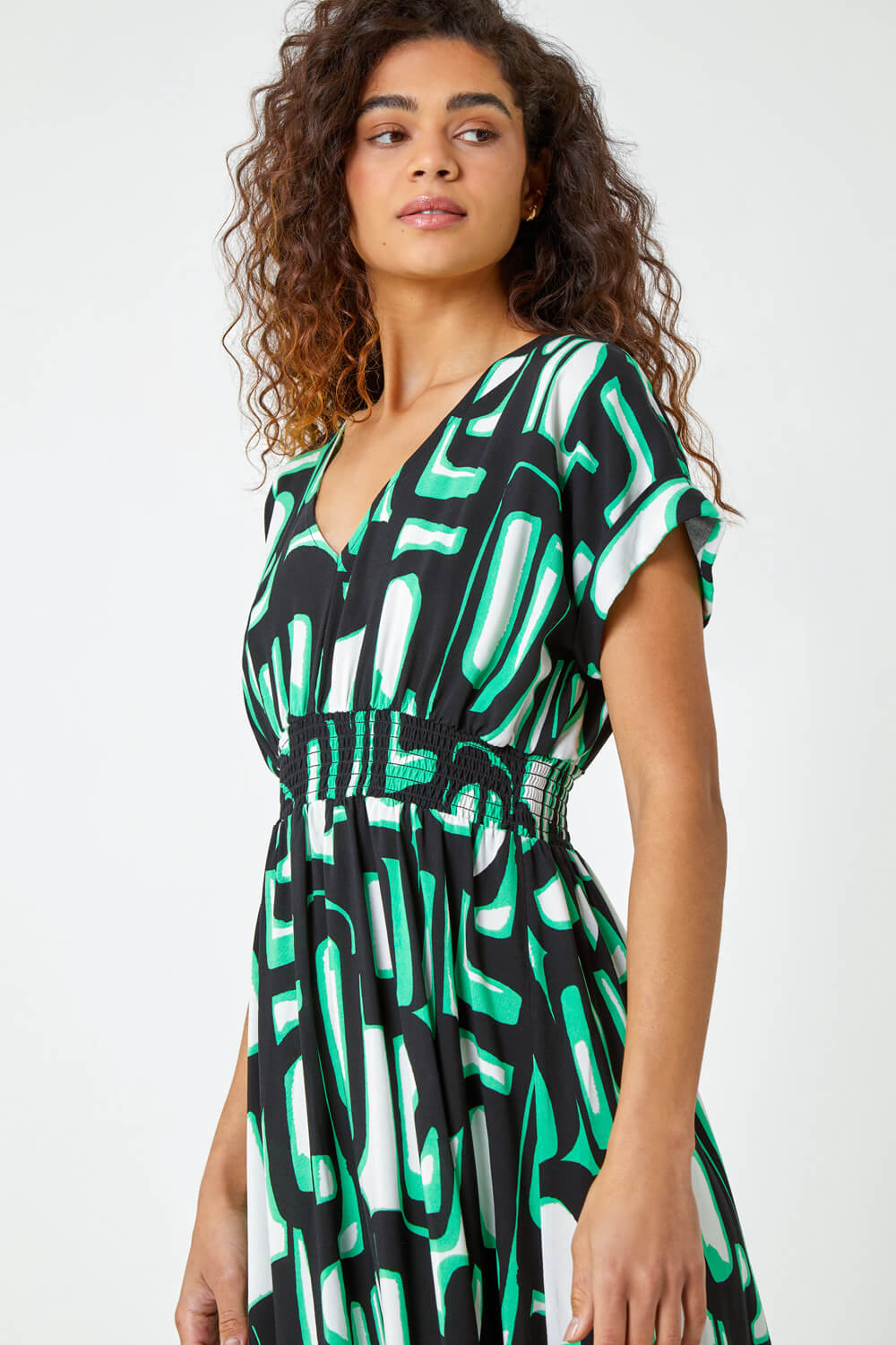 Green Abstract Geometric Print Midi Dress, Image 4 of 5