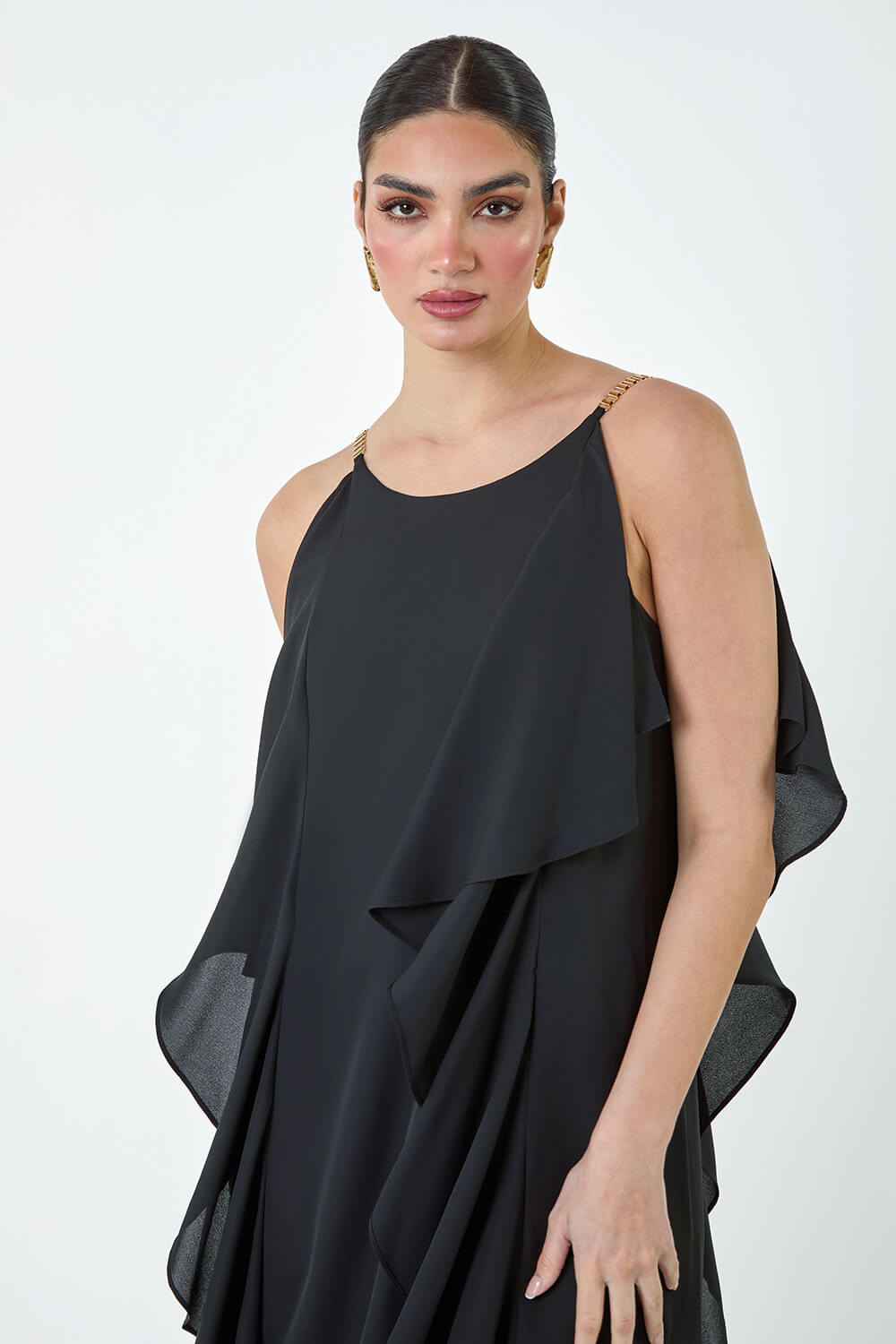 Black Plain Dipped Hem Ruffle Detail Midi Dress, Image 4 of 5