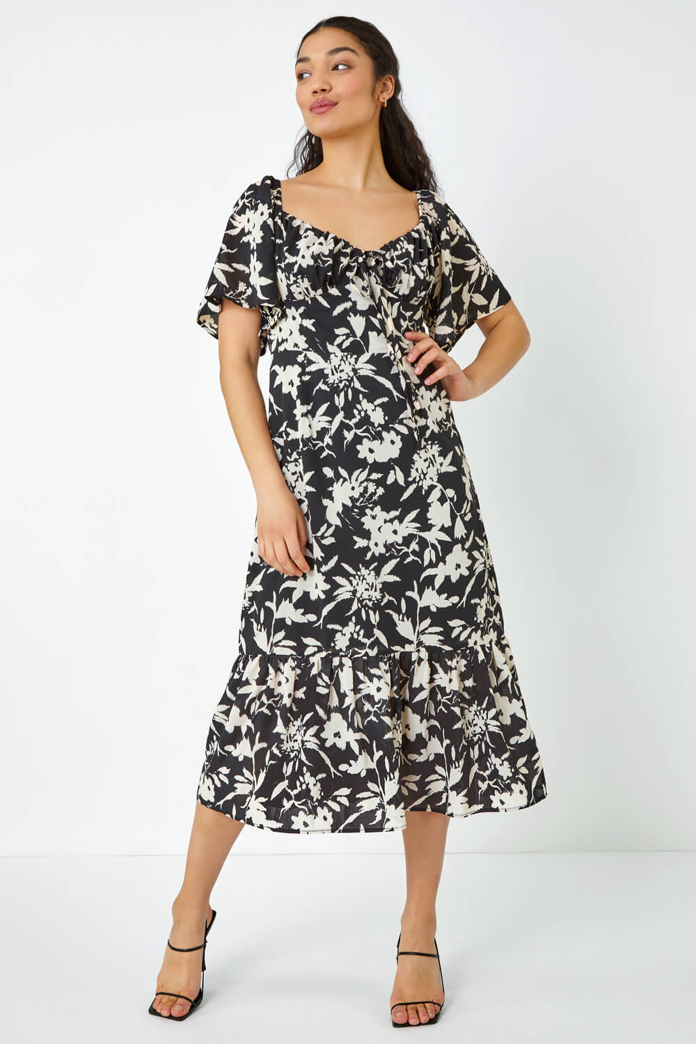 Black Floral Print Frill Hem Midi Dress | Roman UK