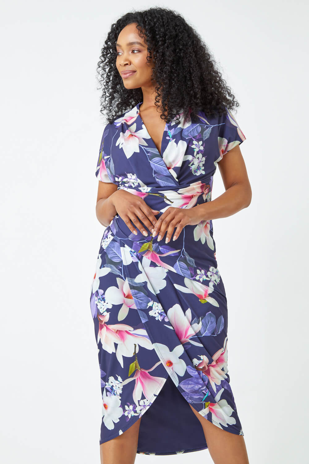 Navy  Petite Ruched Floral Wrap Dress, Image 2 of 5