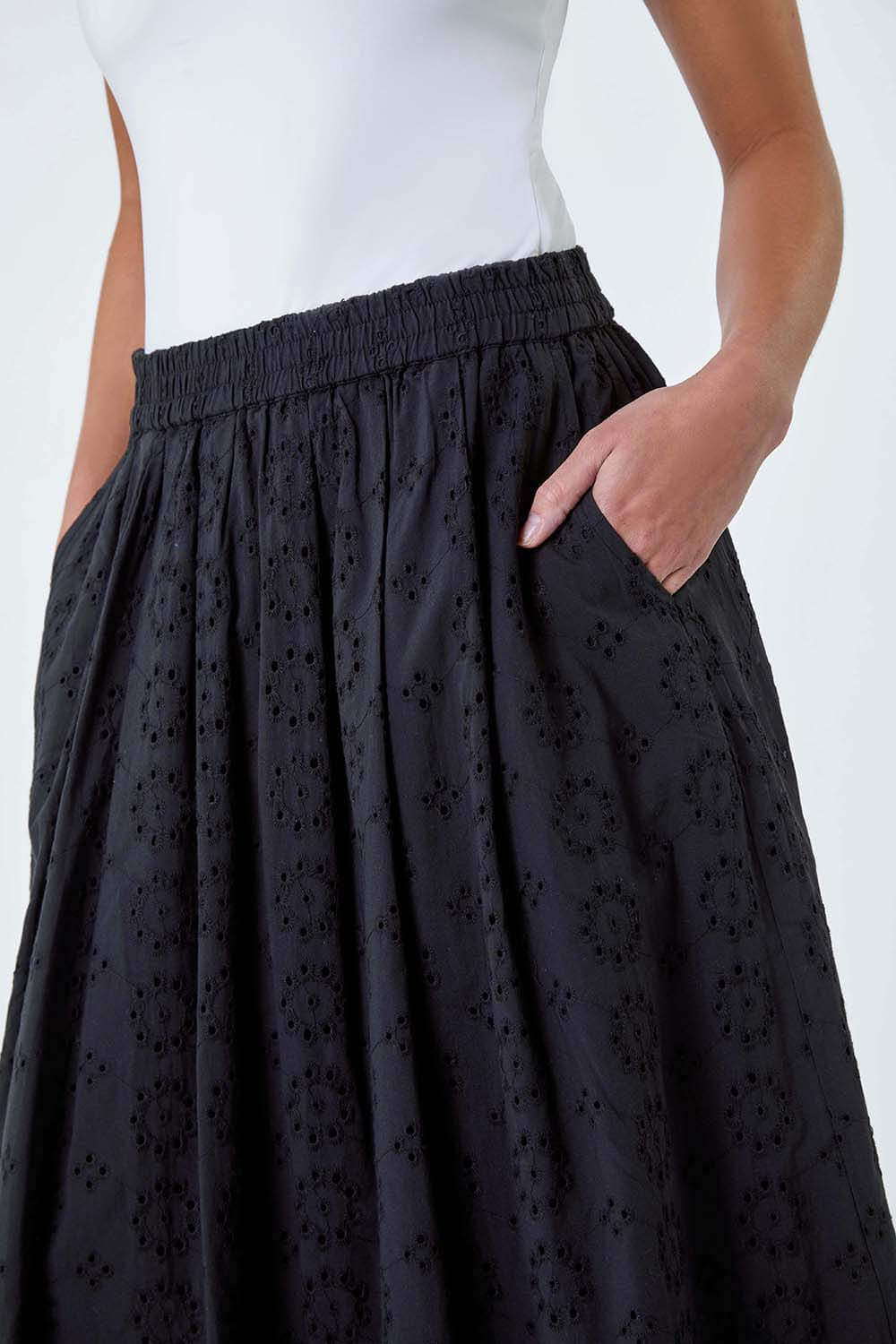 Black Petite Cotton Broderie Midi Skirt, Image 5 of 5