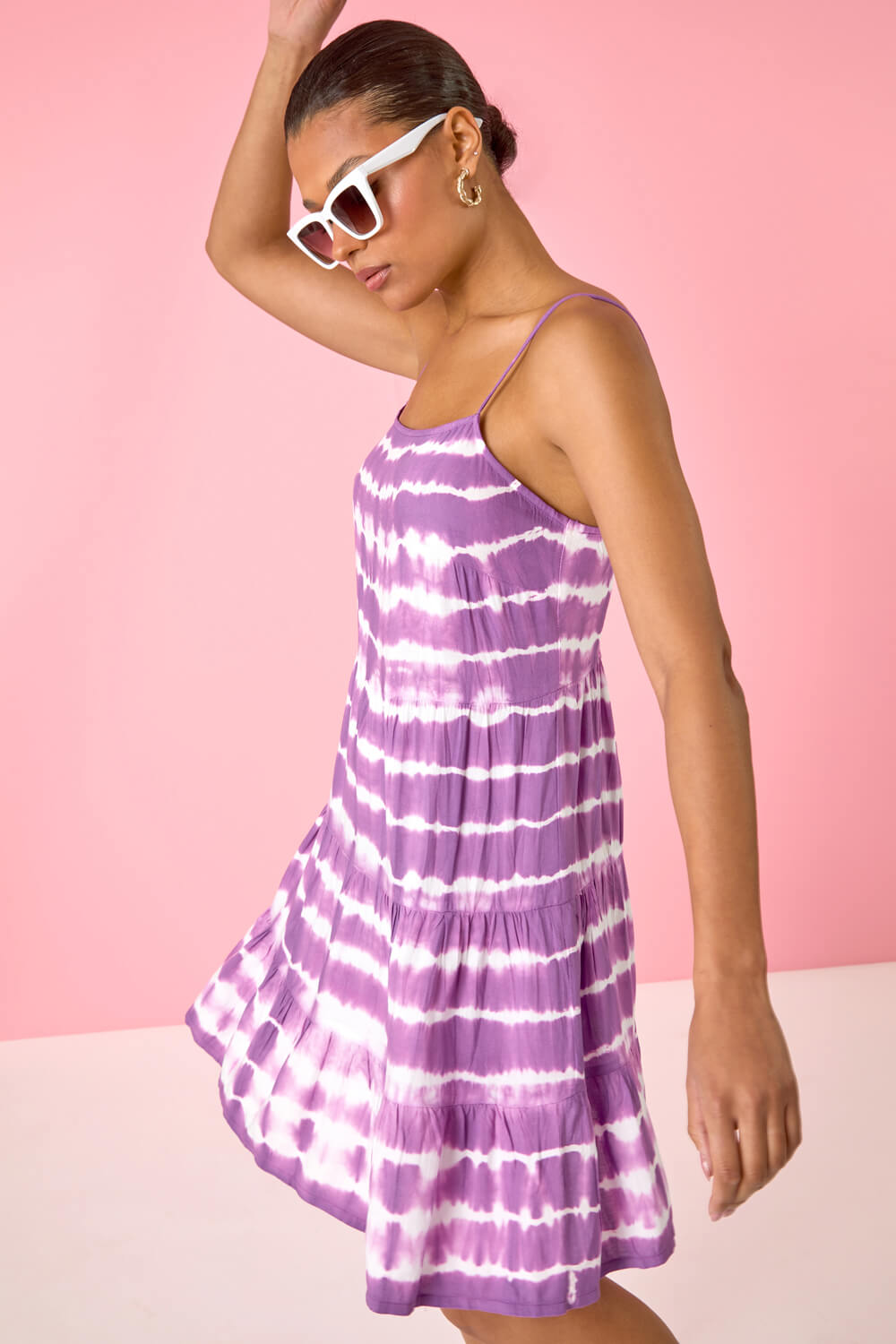 Women's Purple Tie Dye Slip Dress - Midi Dress With Adjustable Tie Straps & Built In Bra