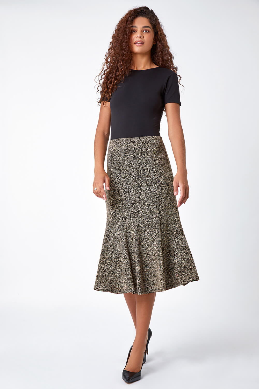 Camel  Flared Textured Midi Stretch Skirt, Image 2 of 5