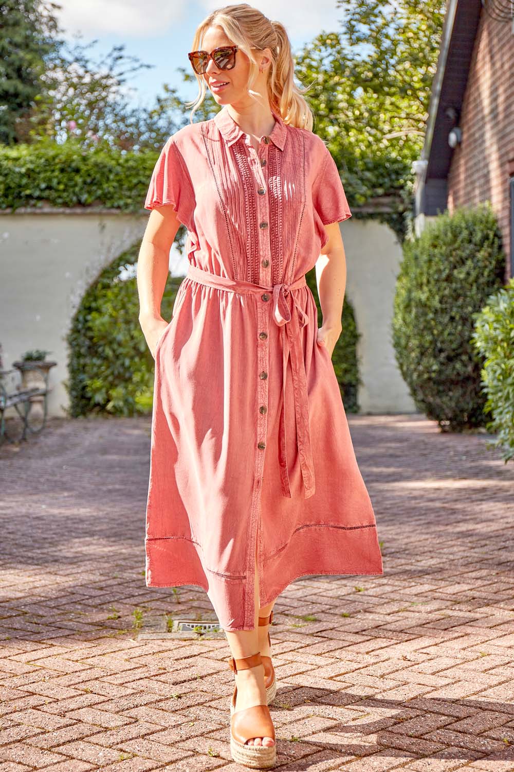 PINK Embroidered Midi Length Shirt Dress, Image 3 of 5