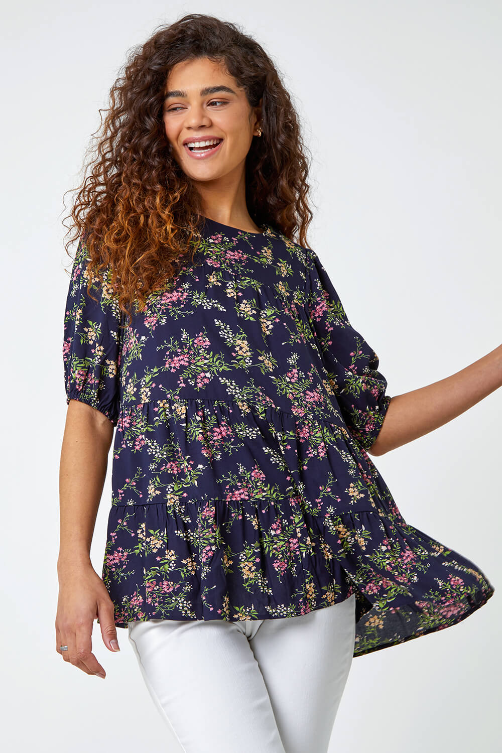 Navy  Ditsy Floral Print Puff Sleeve Top, Image 2 of 5
