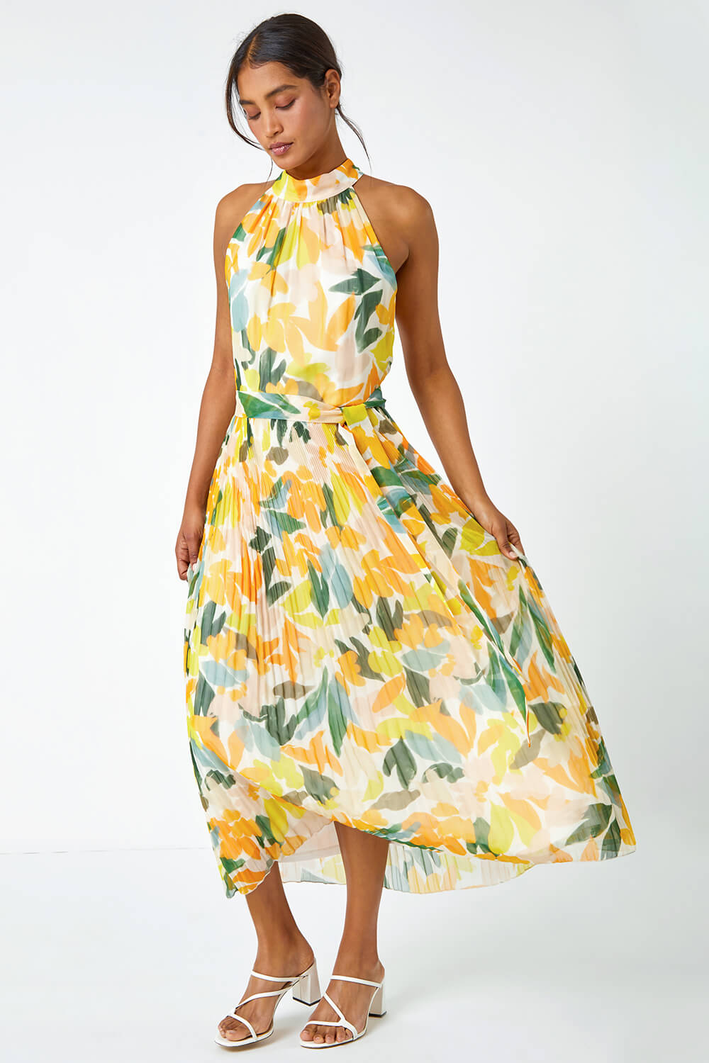Yellow Floral Halterneck Pleated Maxi Dress, Image 2 of 6