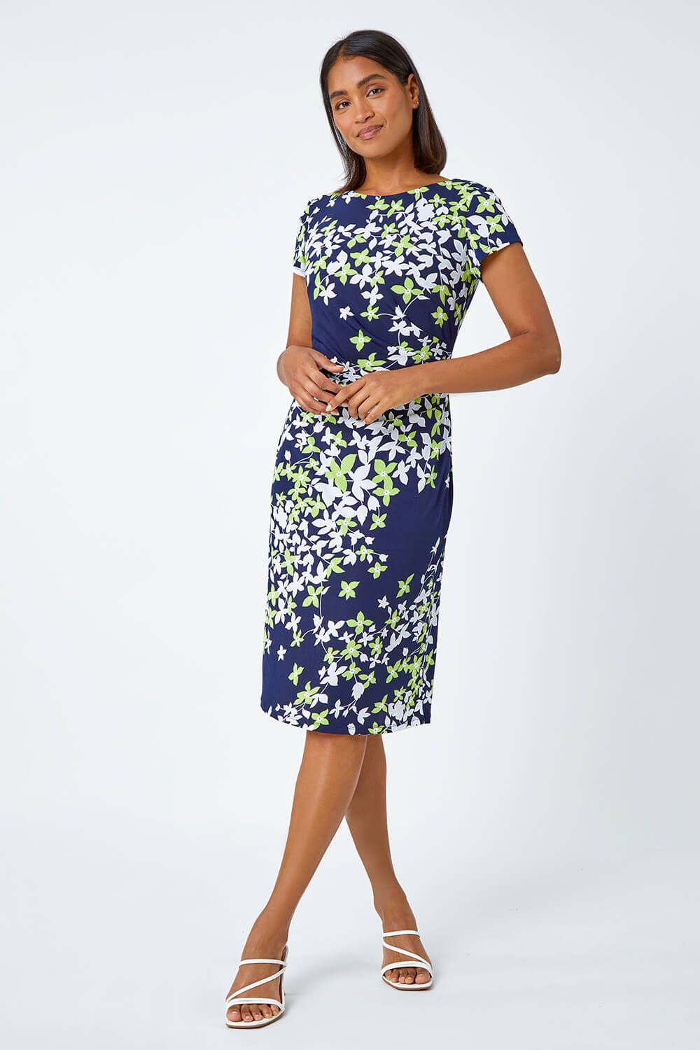 Lime Floral Print Shift Stretch Dress, Image 2 of 5
