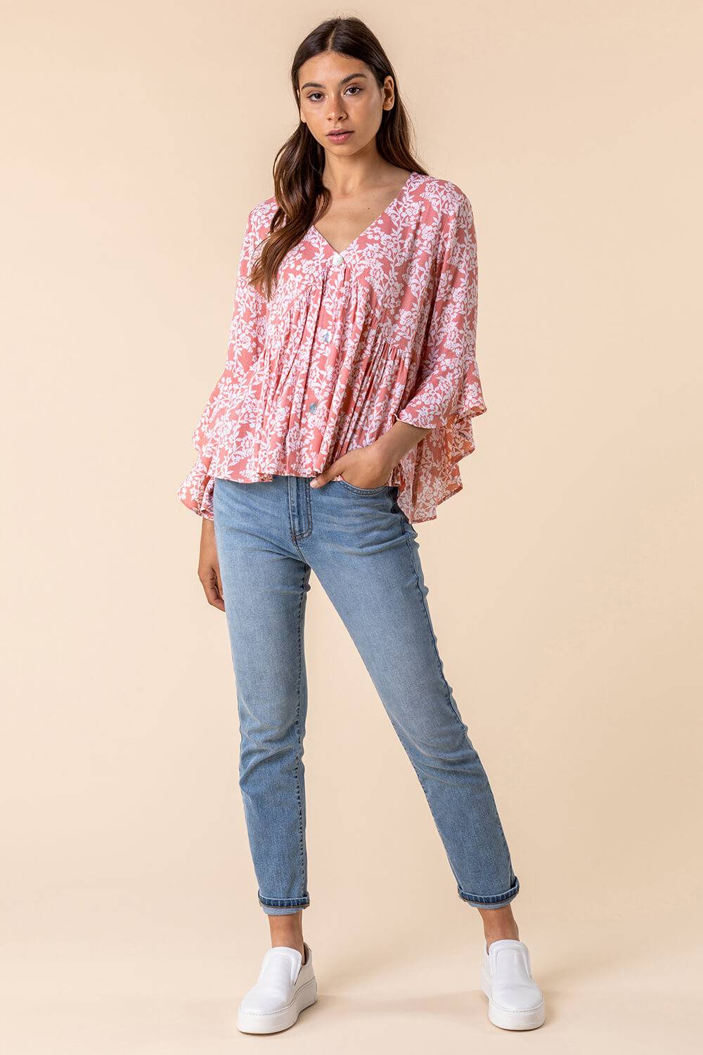 PINK Floral Print Frill Detail Blouse, Image 3 of 4