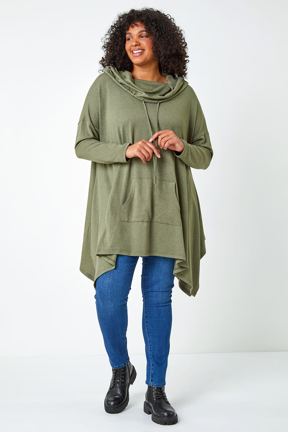 KHAKI Curve Cowl Neck Relaxed Stretch Top, Image 2 of 5