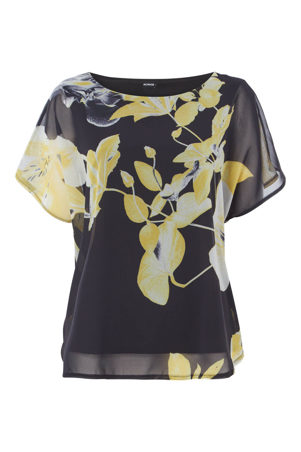 Yellow Floral Overlay Short Sleeve Top, Image 4 of 7