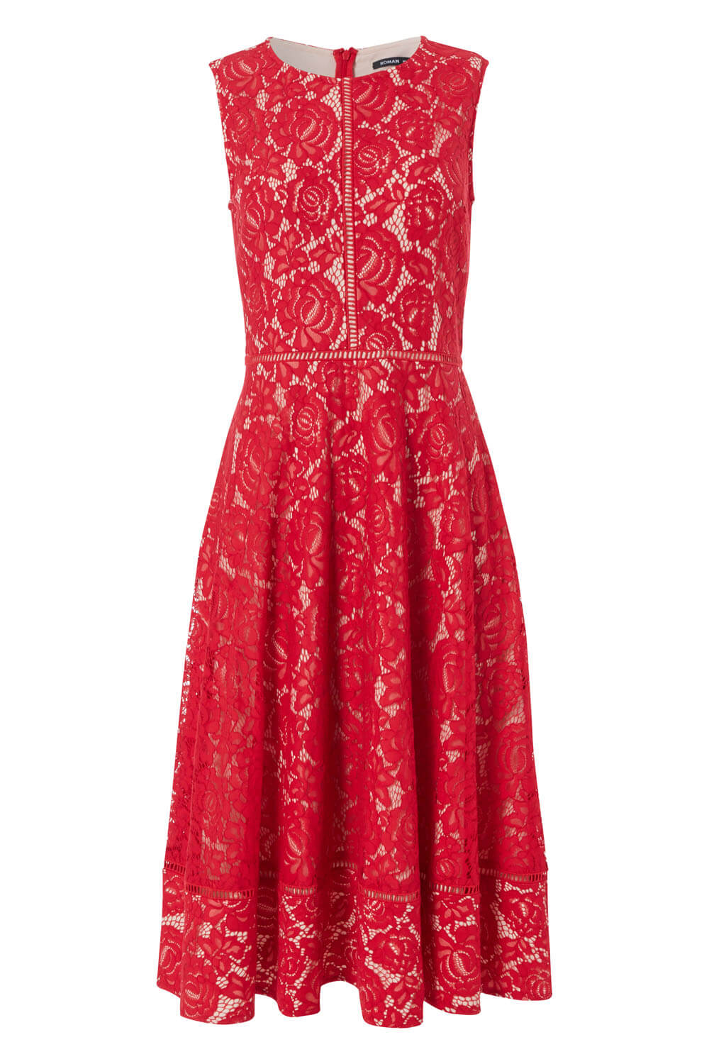 Fit And Flare Lace Midi Dress in Red - Roman Originals UK