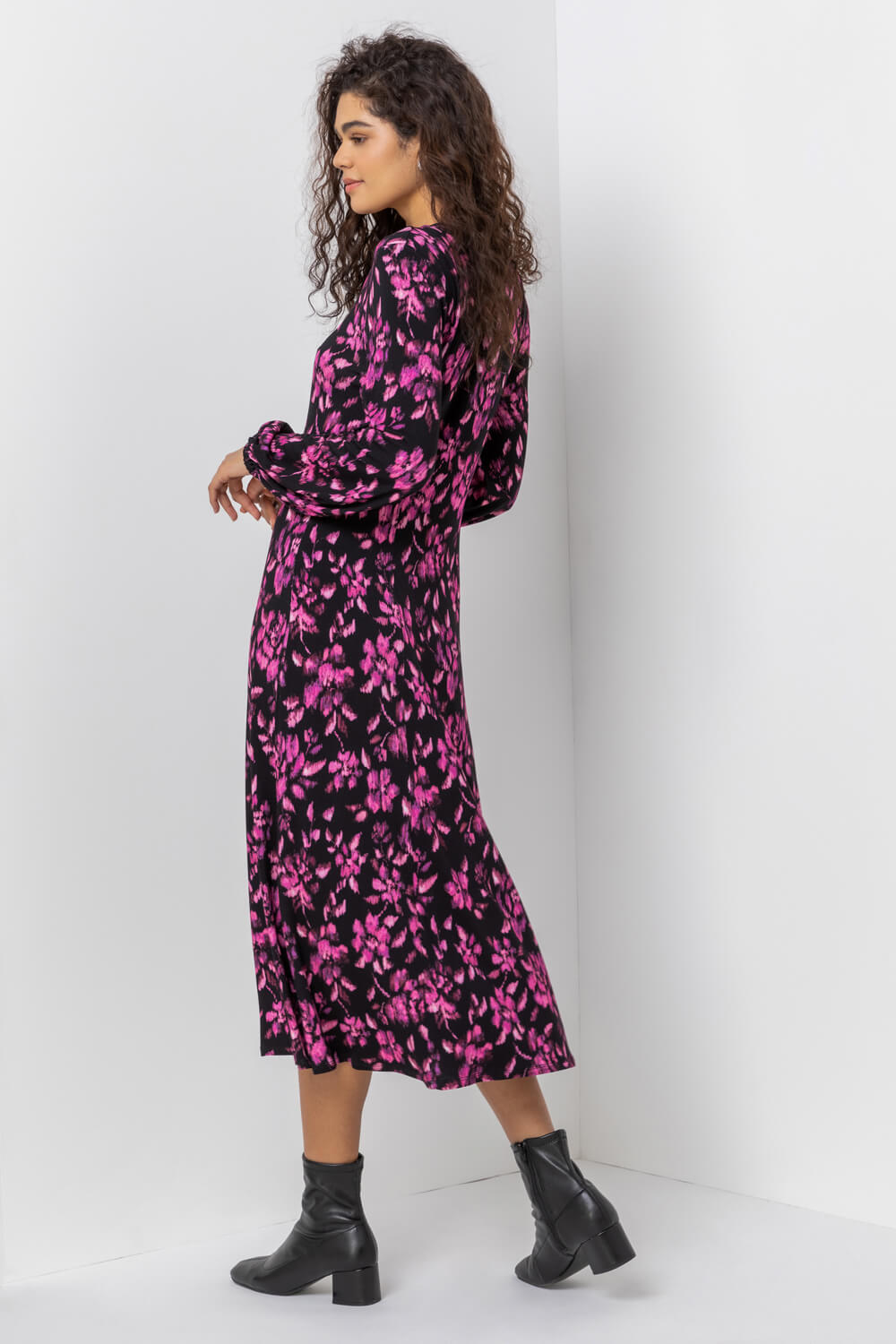 Purple Abstract Floral Fit & Flare Midi Dress, Image 2 of 5