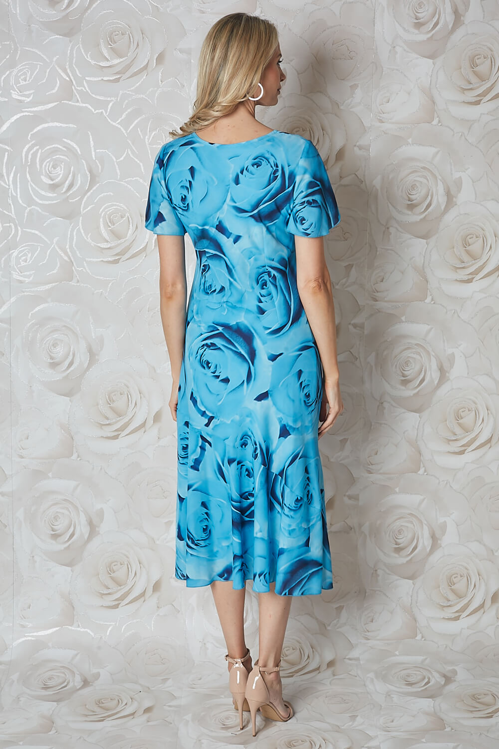 Blue Rose Print Bias Cut Midi Dress , Image 3 of 4