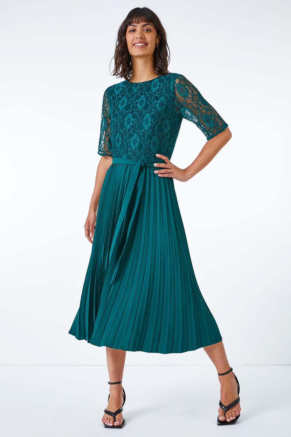 Green Lace Pleated Midi Dress, Image 2 of 5
