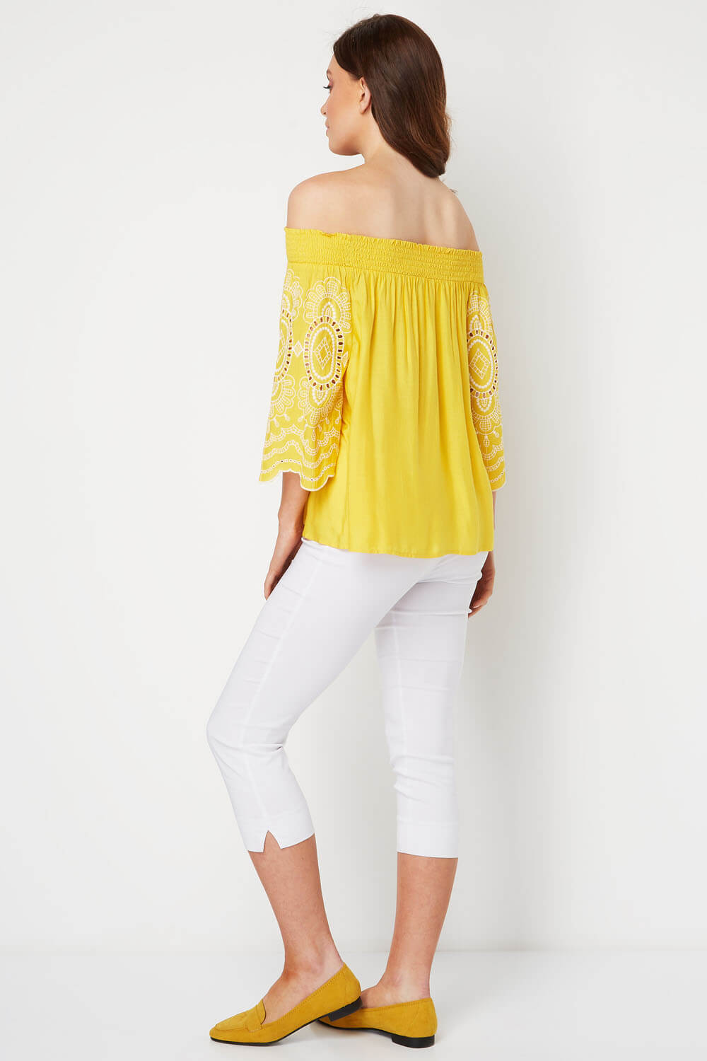 Yellow Embroidered Sleeve Bardot Top , Image 2 of 8