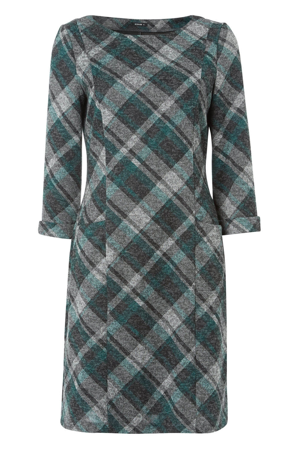 Green Check Print 3/4 Sleeve Shift Dress, Image 5 of 5