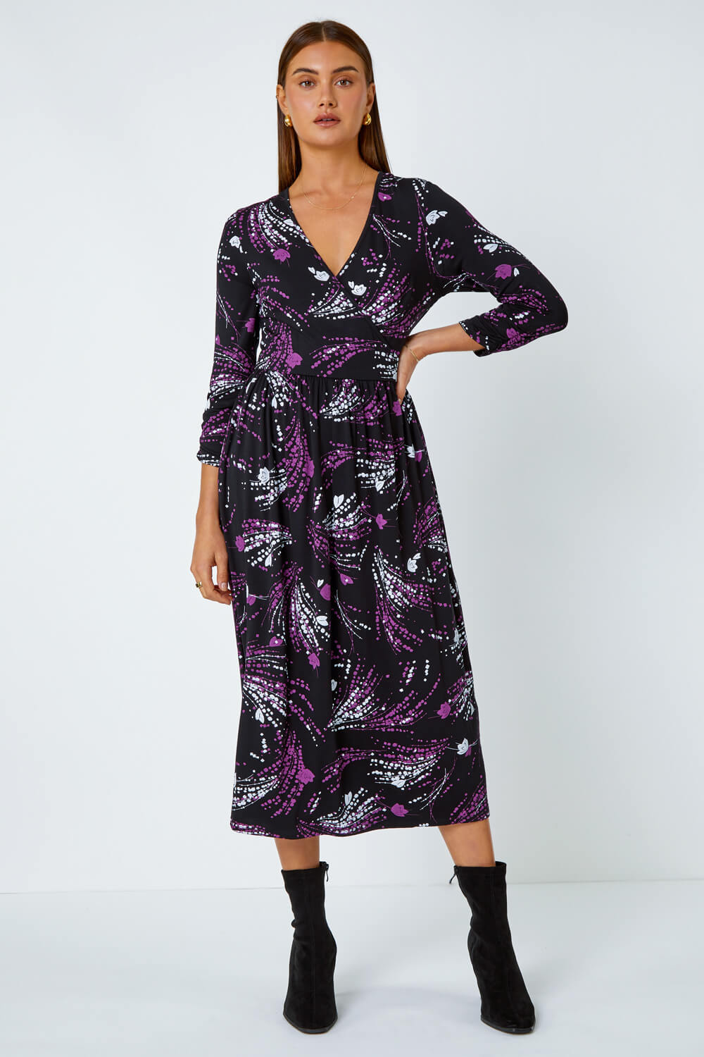 Purple Abstract Print Wrap Midi Stretch Dress, Image 2 of 5