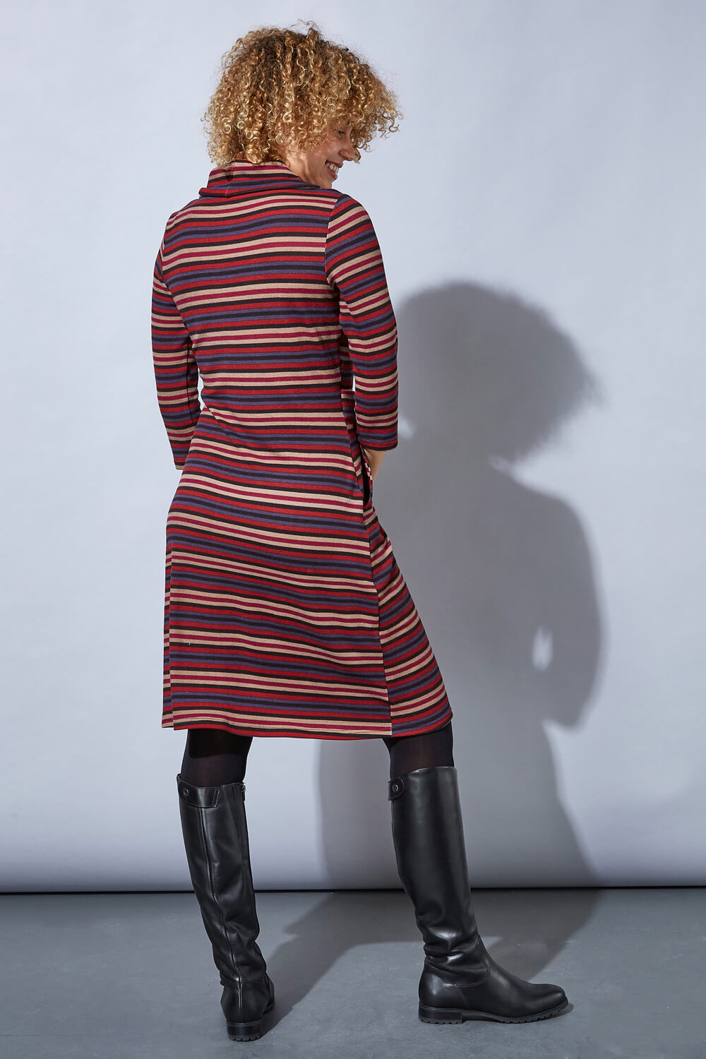 Rust Stripe Cowl Neck Button Detail Dress, Image 3 of 4