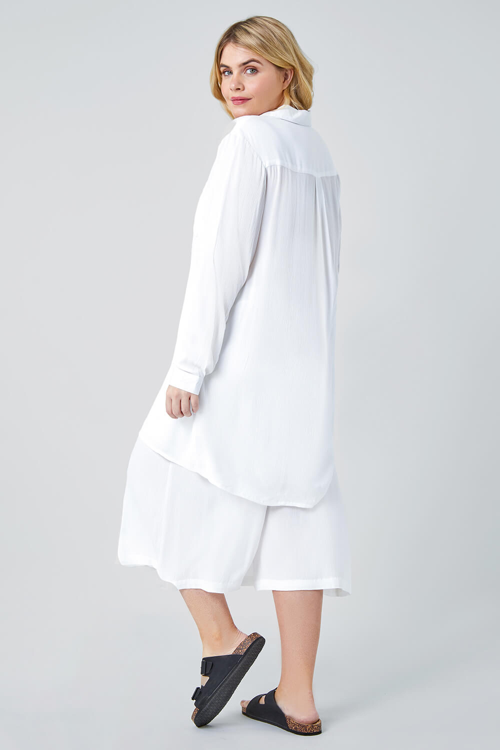 White Curve Crinkle Relaxed Longline Shirt, Image 3 of 6