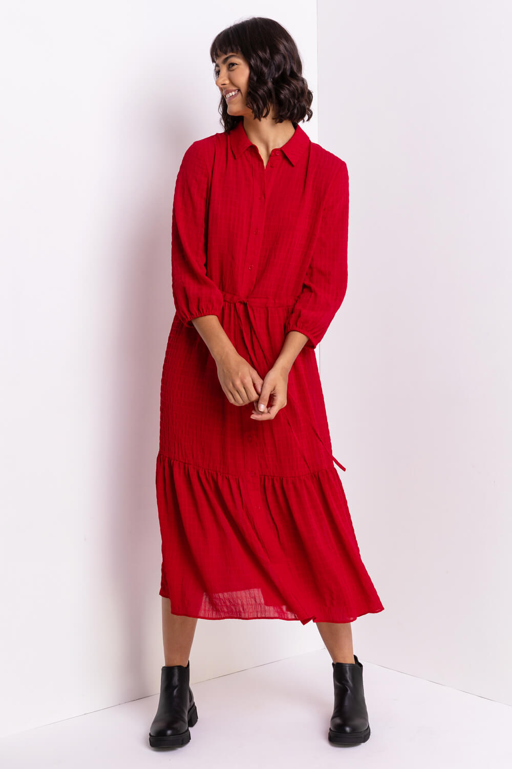 Red Tiered Textured Midi Shirt Dress, Image 3 of 5