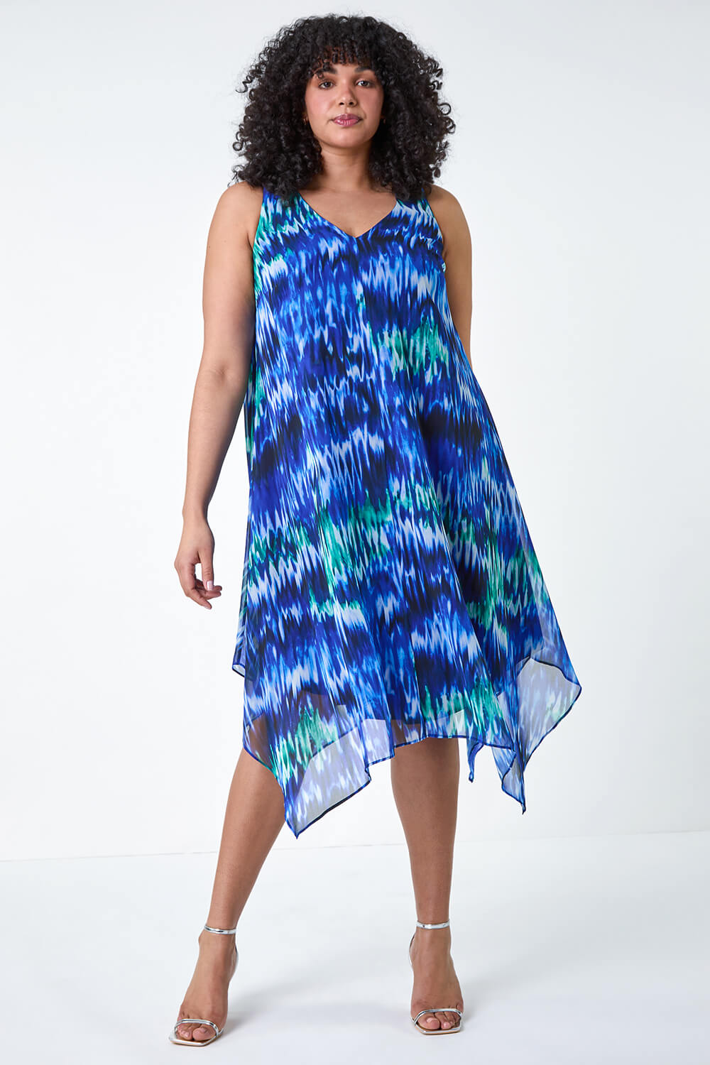 Blue Curve Abstract Print Chiffon Dress, Image 2 of 5