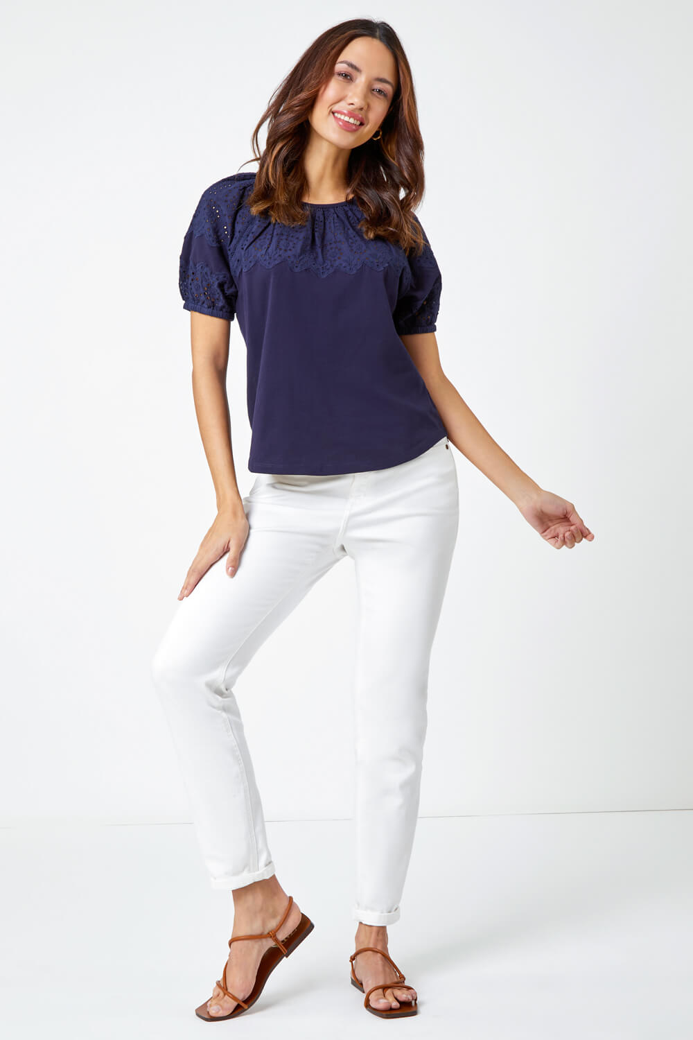 Navy  Cotton Broderie Puff Sleeve Top, Image 4 of 5