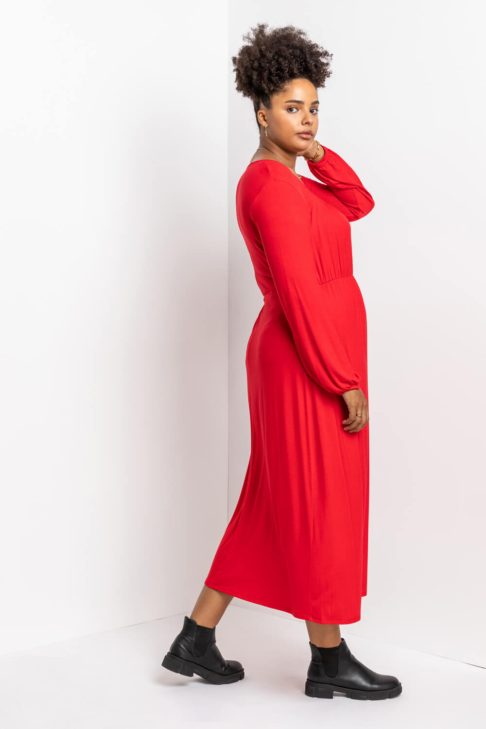 Red Curve Long Sleeve Jersey Midi Dress, Image 2 of 4