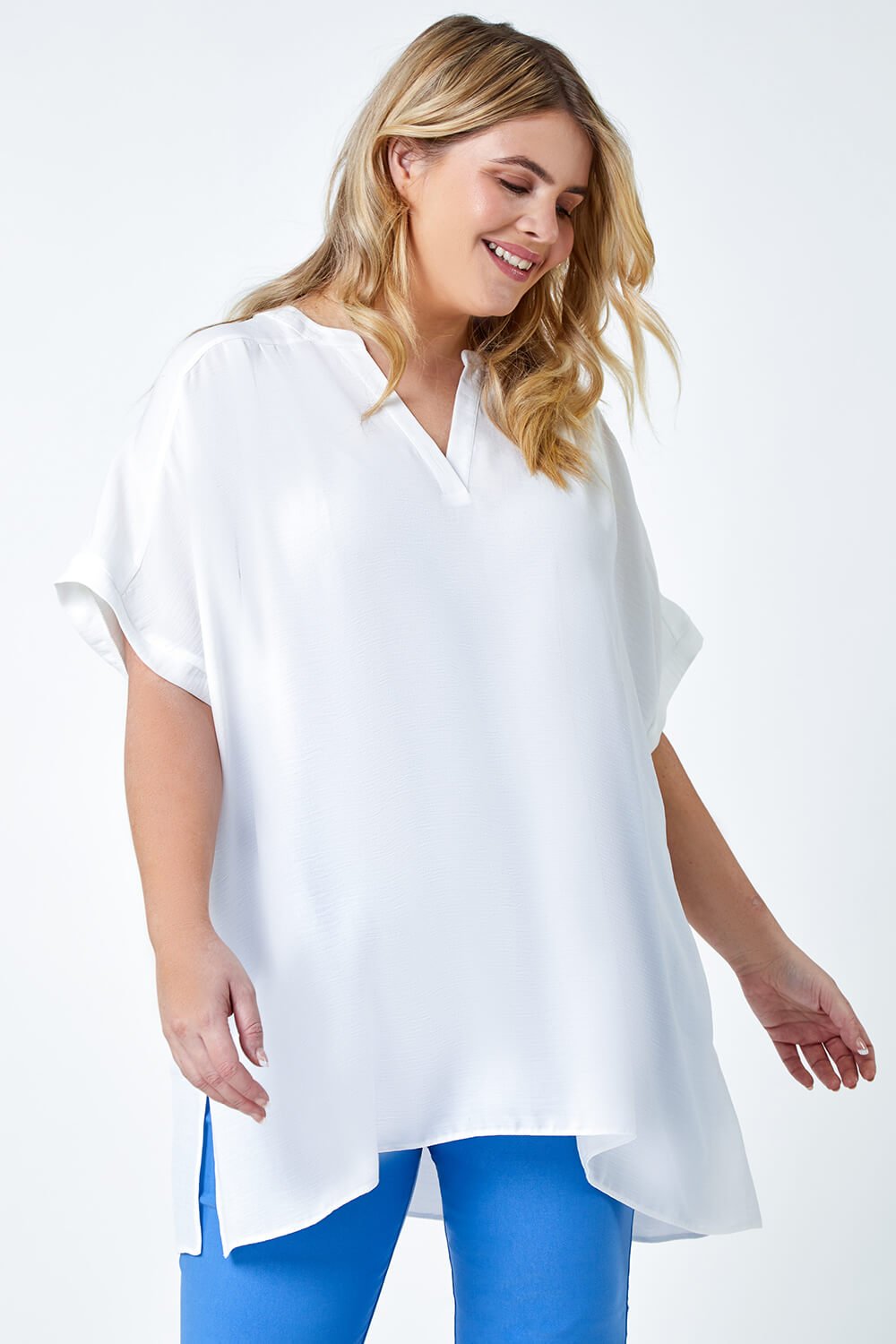 Ivory  Curve Linen Look Longline Top, Image 4 of 5