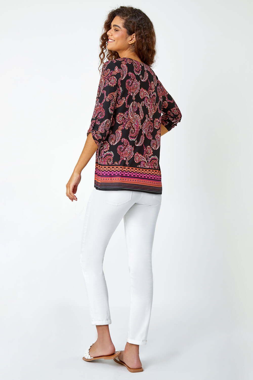 Red Paisley Border Print Tunic Stretch Top, Image 3 of 5