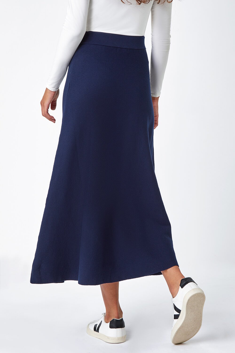 Midnight Blue Plain Knitted Midi Skirt, Image 3 of 5