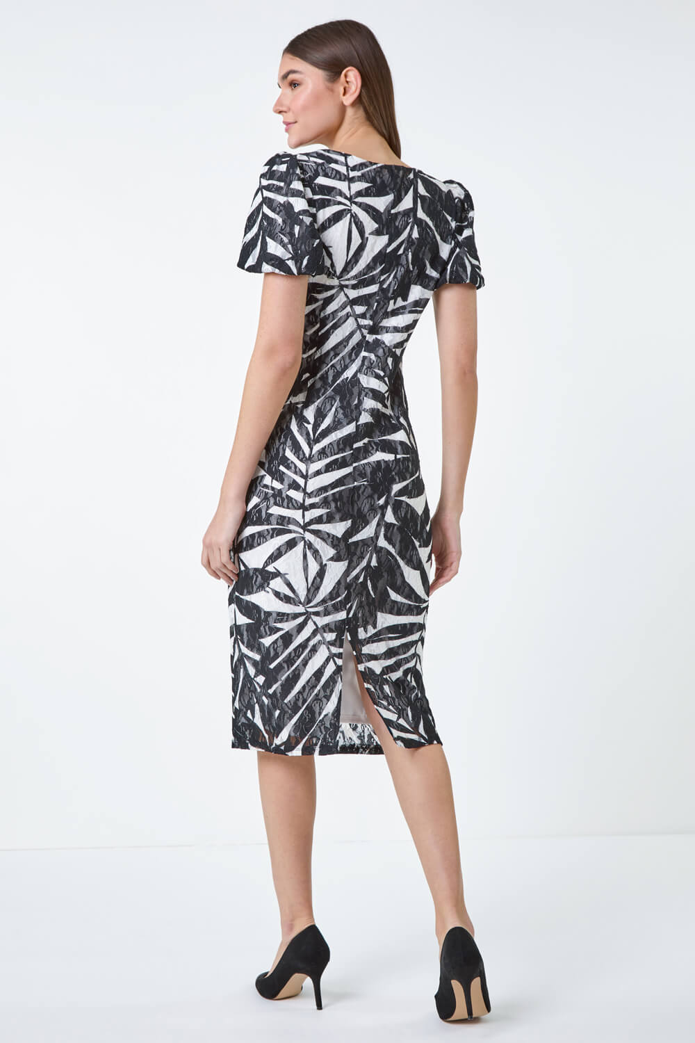 Black Leaf Print Stretch Lace Tie Dress, Image 3 of 5