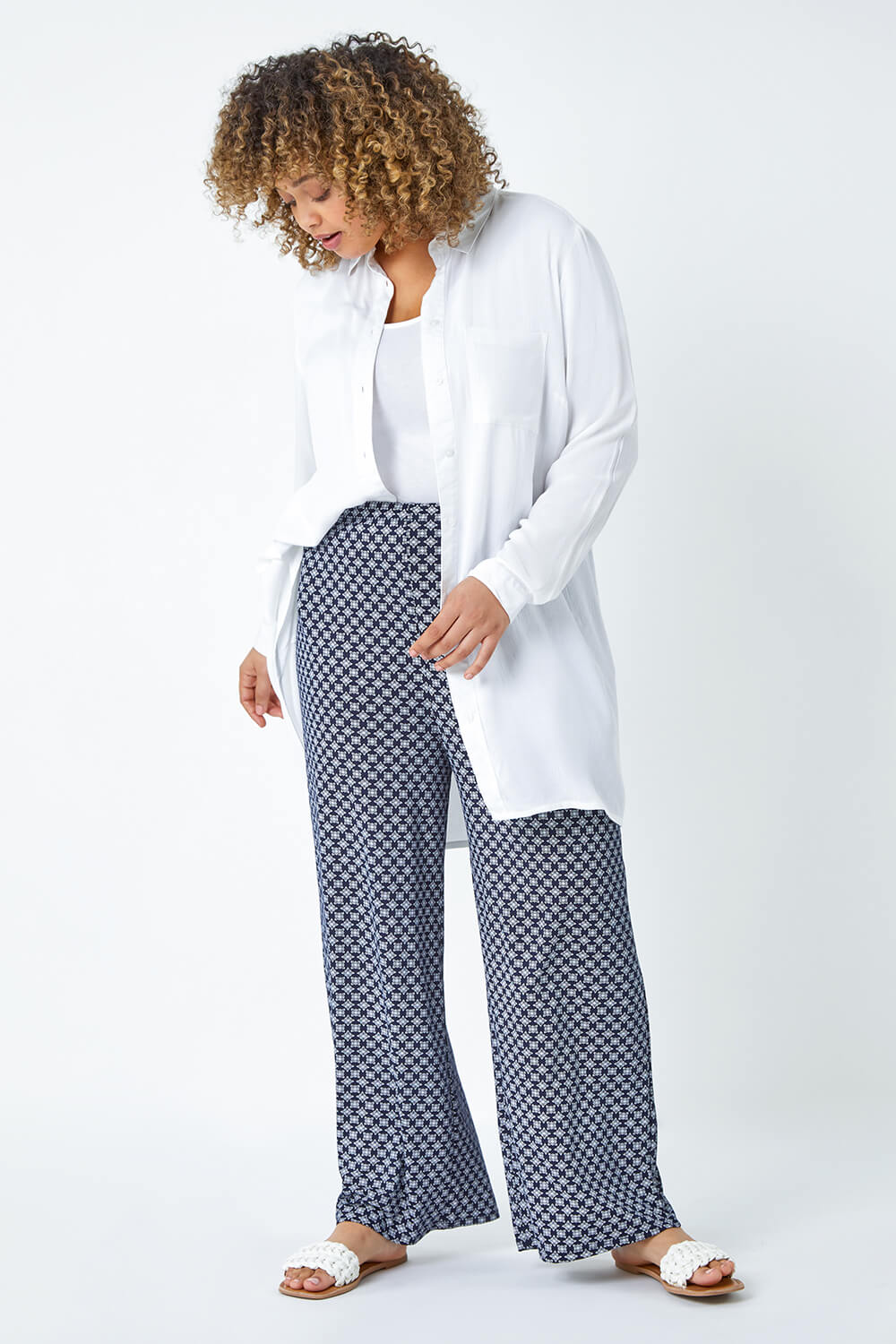 Navy  Curve Geometric Wide Leg Stretch Trousers, Image 2 of 5