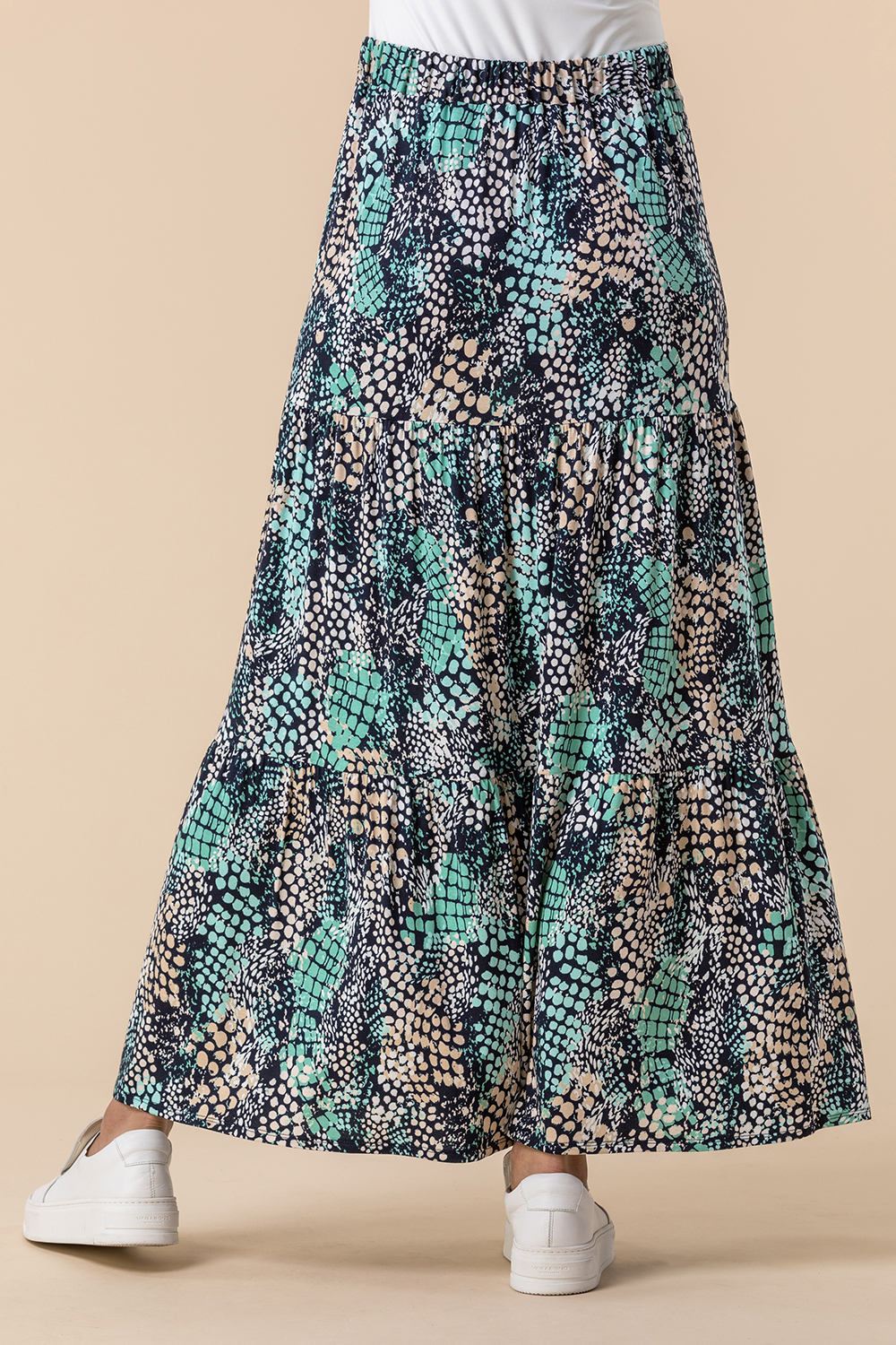 Multi  Abstract Snake Print Tiered Skirt , Image 2 of 4