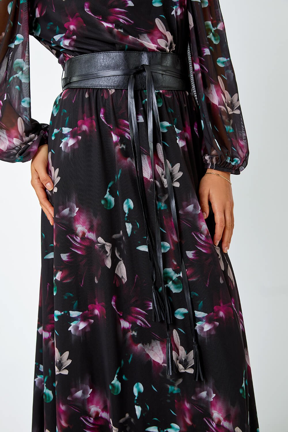 Black Floral Print Belted Midi Stretch Dress, Image 5 of 5