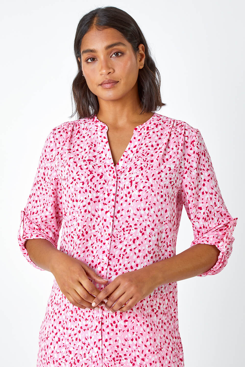 PINK Ditsy Print Button Up Blouse, Image 4 of 5