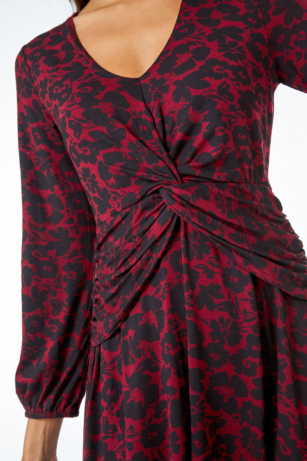 Red Floral Twist Stretch Ruched Jersey Dress, Image 5 of 5