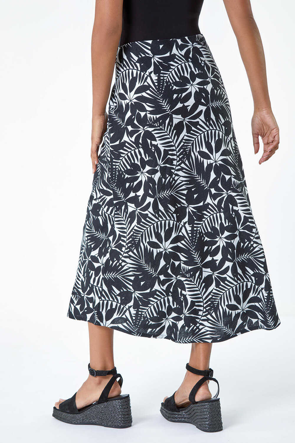 Black Leaf Print Linen Blend A-Line Skirt, Image 3 of 5