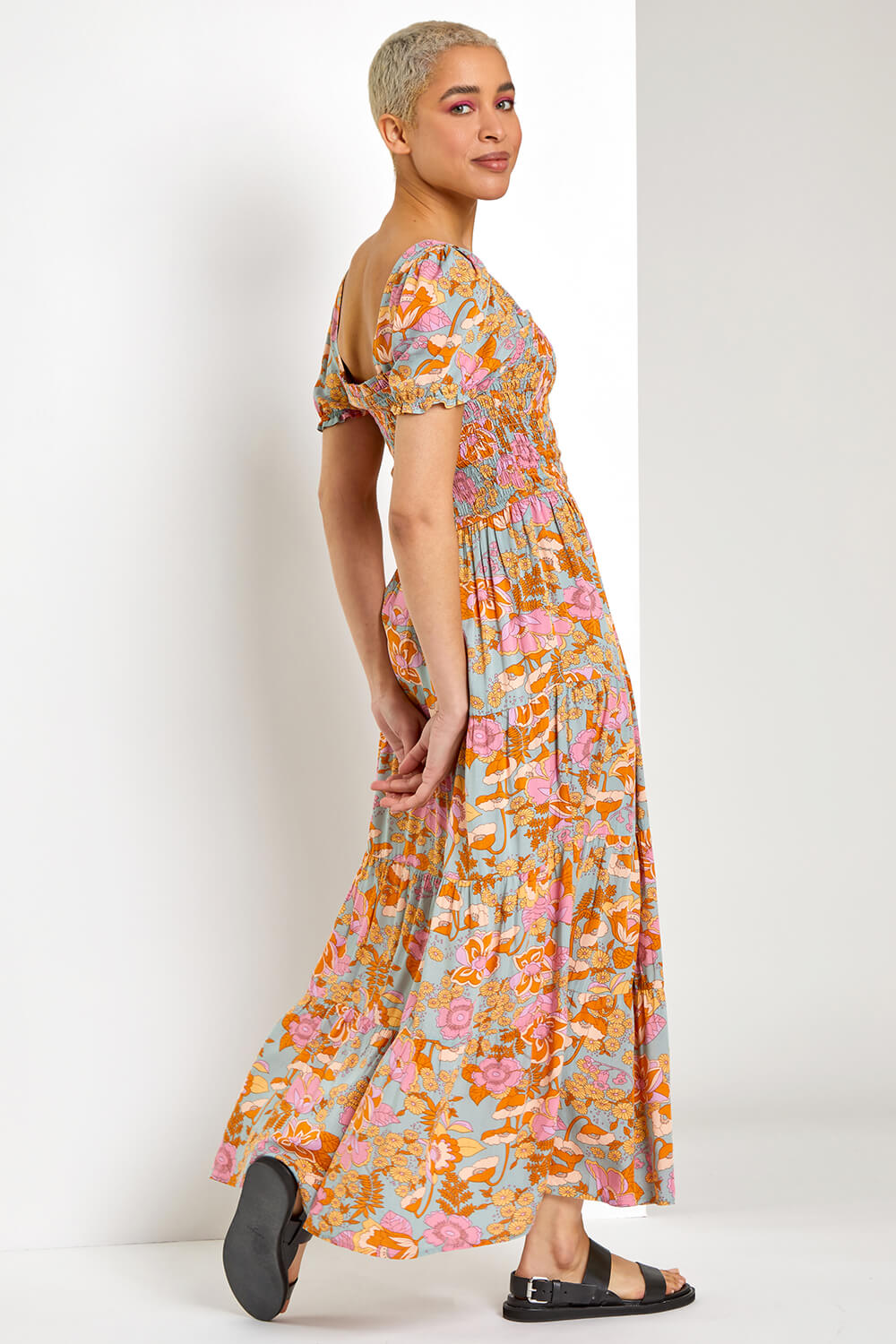 ORANGE Retro Floral Print Tiered Maxi Dress, Image 3 of 5