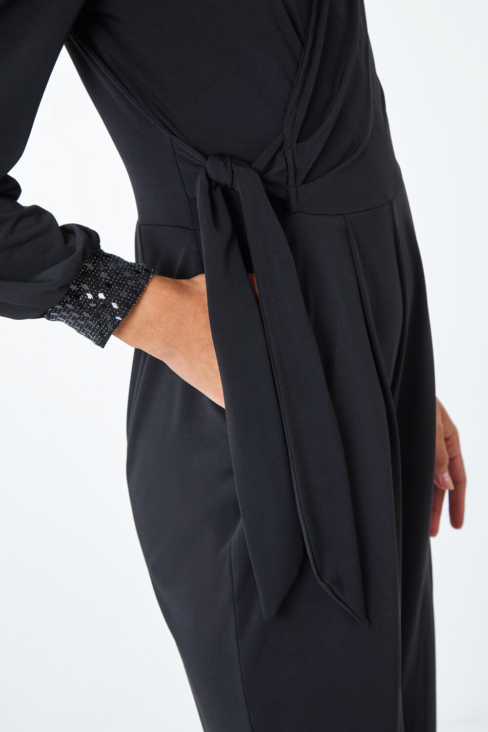 Black Embellished Detail Wrap Jumpsuit, Image 5 of 5