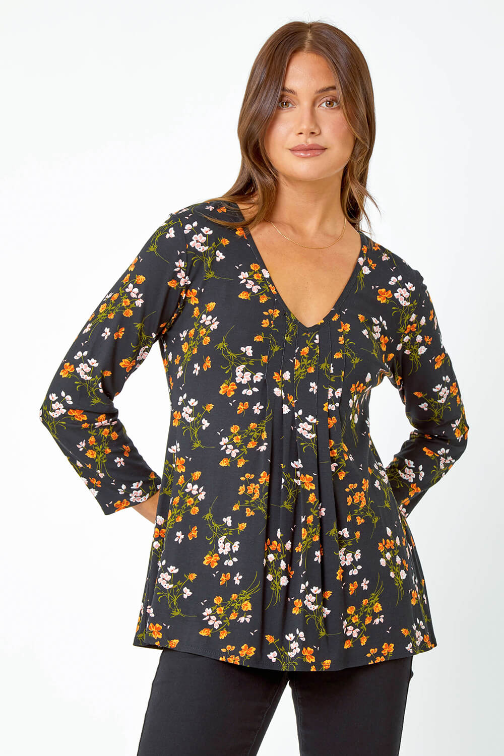 Black Floral Print Swing Stretch Top | Roman UK