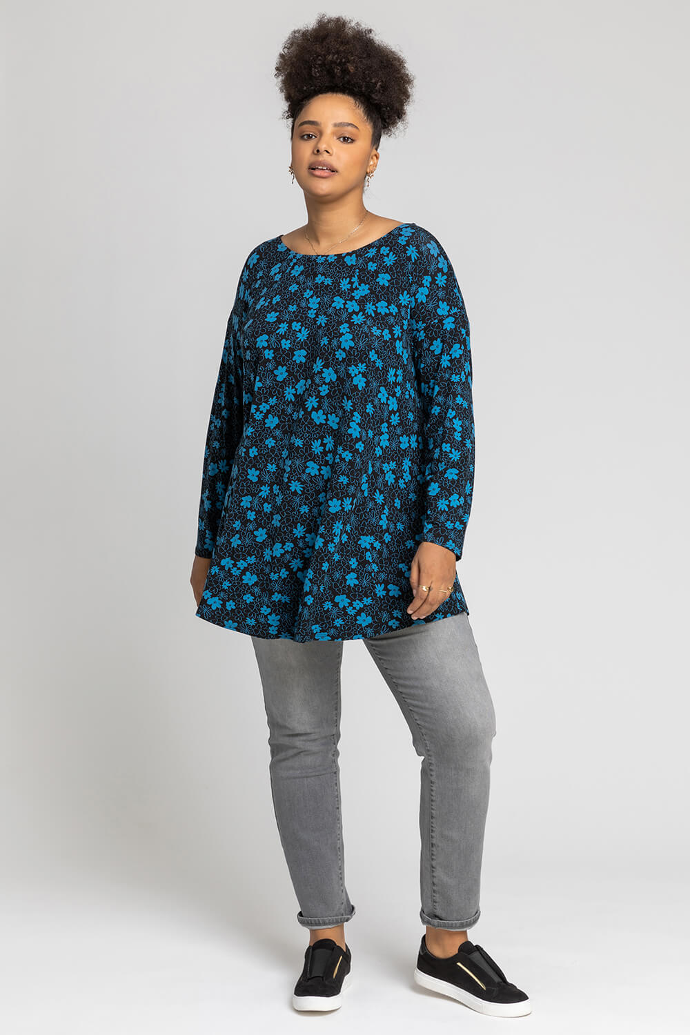 Royal Blue Curve Contrast Floral Print Jersey Top, Image 3 of 4