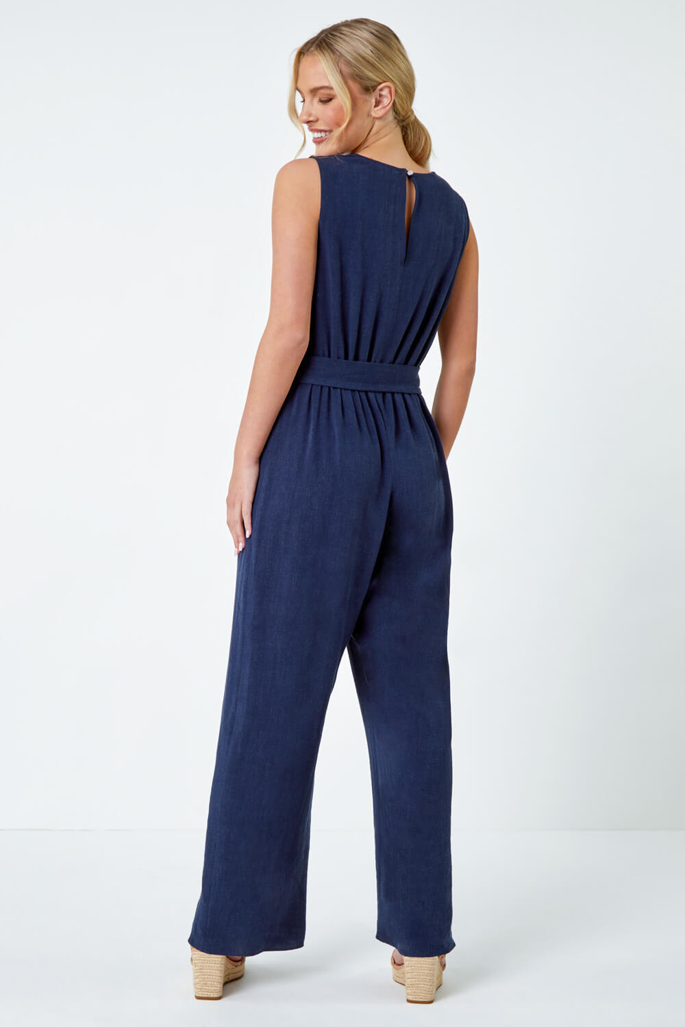 Navy  Petite Wide Leg Straw Buckle Jumpsuit, Image 3 of 5