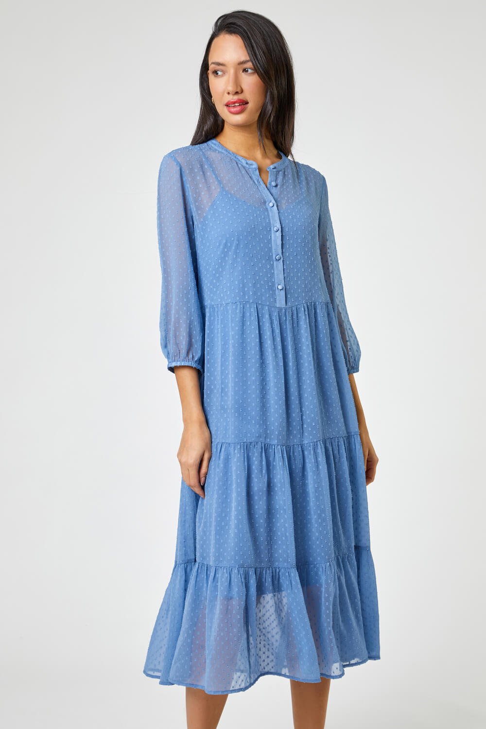 Sky Blue Textured Spot Print Tiered Midi Dress, Image 4 of 5