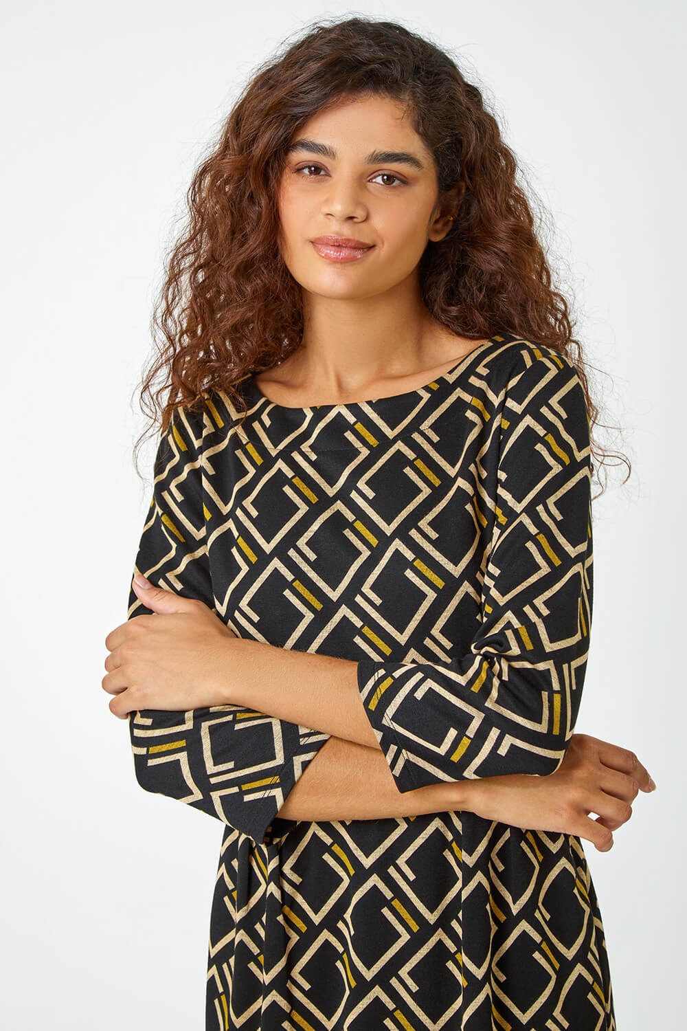 Yellow Geometric Print Pocket Shift Dress | Roman UK